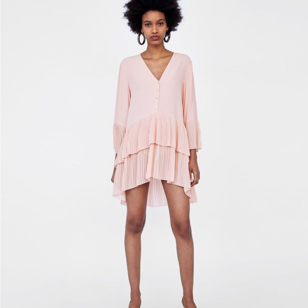 Zara Blush Pink Tiered Pleated Mini Dress